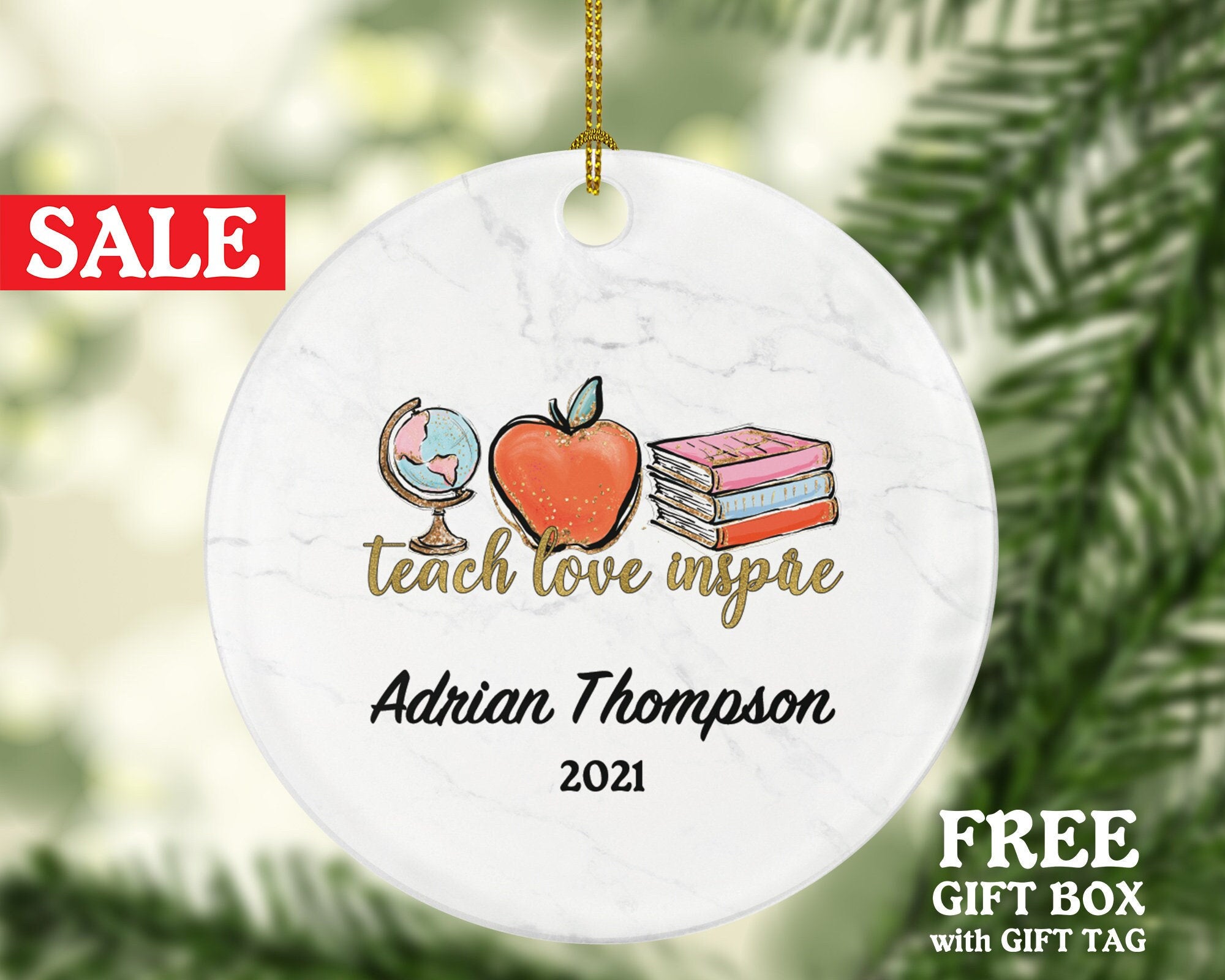 Teacher Ornament Personalized - Teach Love Inspire Teacher Custom Gift Apple from Student Appreciation Mr Mrs School Graduate Graduation