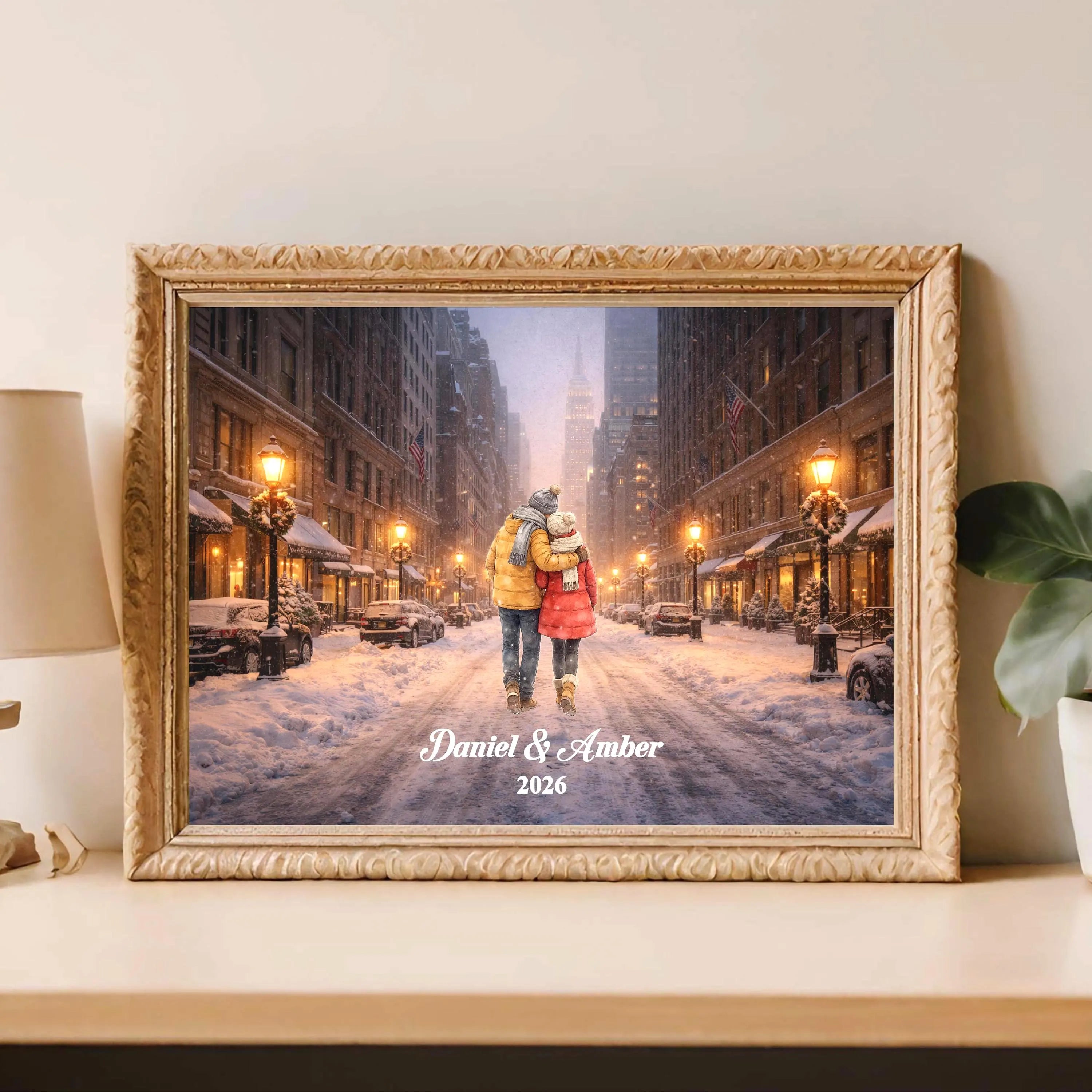 Custom New York City Couple Wall Art | Snowy NYC Scene for Engaged, Married, Mr & Mrs, Anniversary, Travel, Honeymoon | Aluminum Metal Print