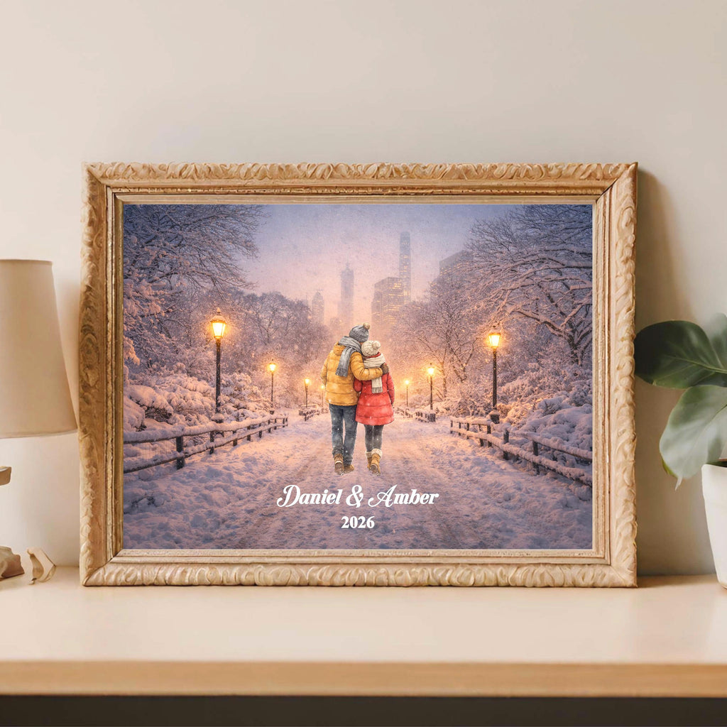 New York City Couple Custom Wall Art | Snowy NYC Scene for Engaged, Married, Mr & Mrs, Anniversary, Travel, Honeymoon | Aluminum Metal Print