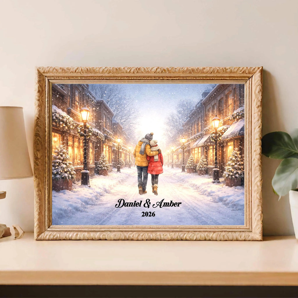 Custom Couple in Snowy City Wall Art | Winter Wall Art for Engaged, Married, Mr & Mrs, Anniversary | Aluminum Metal Print