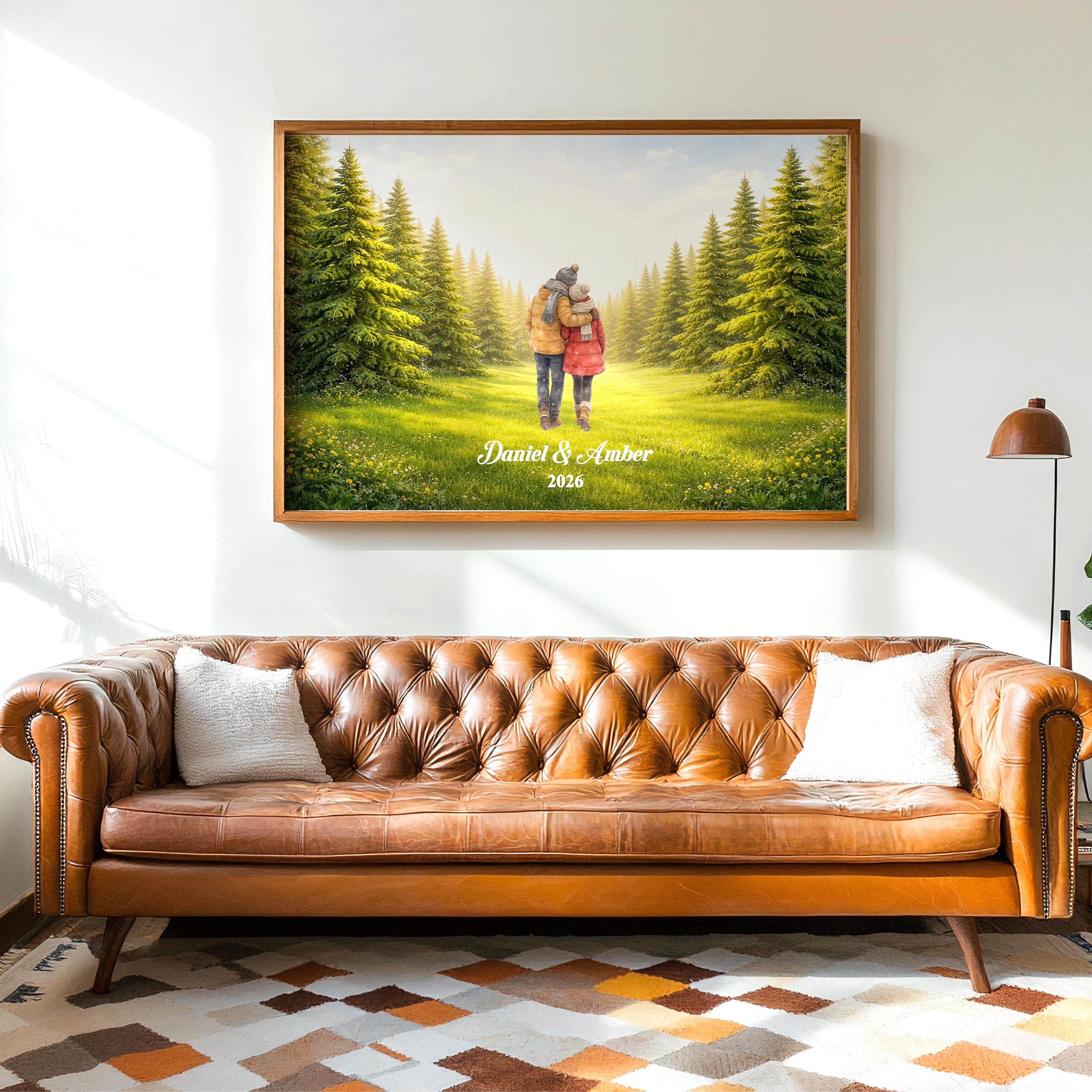 Custom Couple in Forest Wall Art | Green Nature Landscape Print for Engaged, Married, Mr & Mrs, Anniversary | Aluminum Metal Print