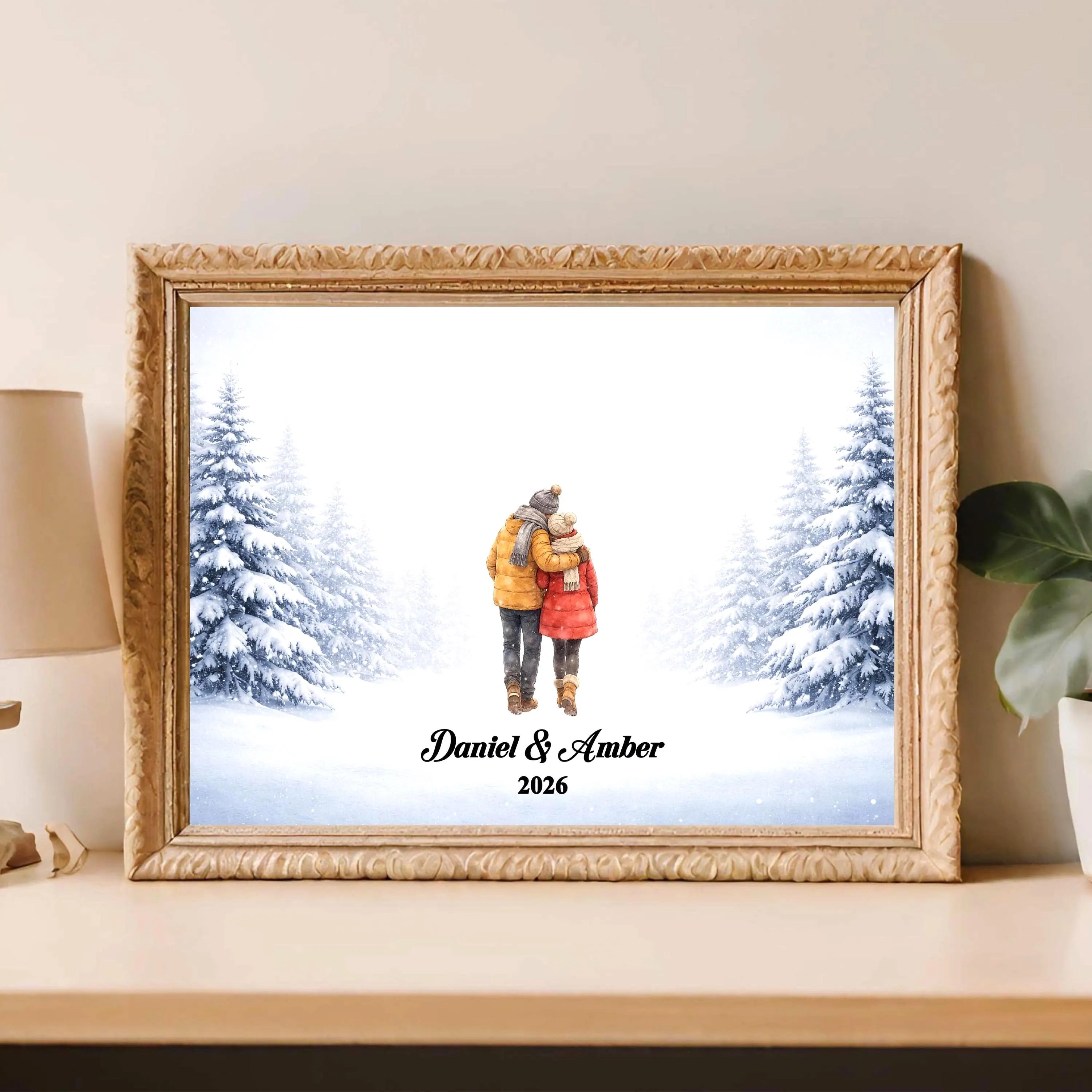 Personalized Couple in Snowy Scene Wall Art | Winter Landscape Print for Engaged, Married, Mr & Mrs, Anniversary | Aluminum Metal Print