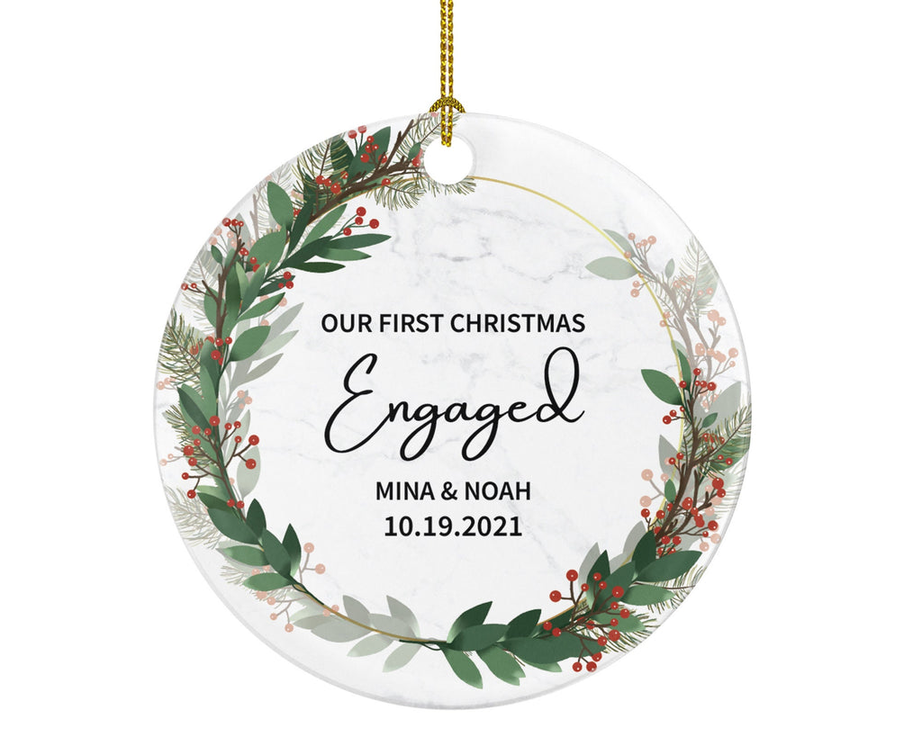 First Christmas Engaged Personalized Ornament - Engagement Announcement Couple Gift - Greenery