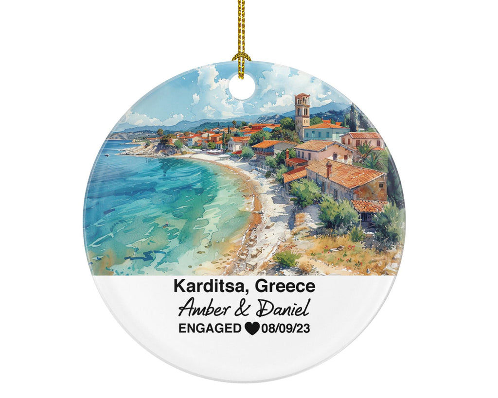Karditsa Greece Round Ceramic Christmas Ornament – Personalized Holiday Keepsake, Custom Couple Gift for Wedding or Honeymoon