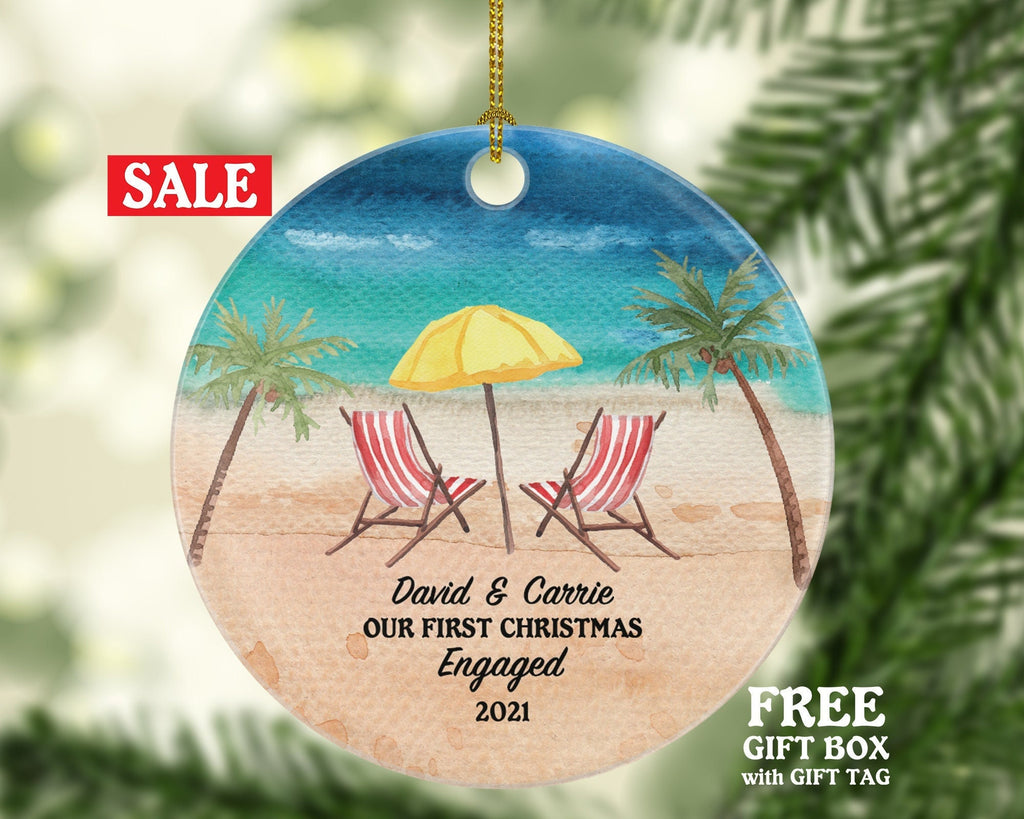 Engagement Personalized Christmas Ornament - Beach Chair Summer Palm Sand Our First Engaged Couple Newly 1st Xmas Future Husband Wife Lover