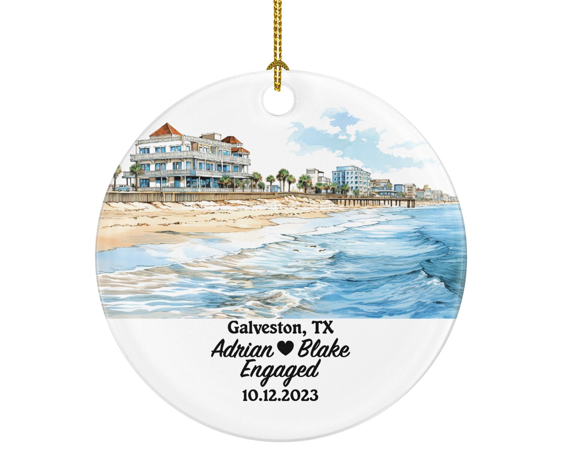 Galveston Texas Christmas Ornament Personalized - TX Engaged Married Family Together Couple Travel Honeymoon Wedding Engagement Marriage
