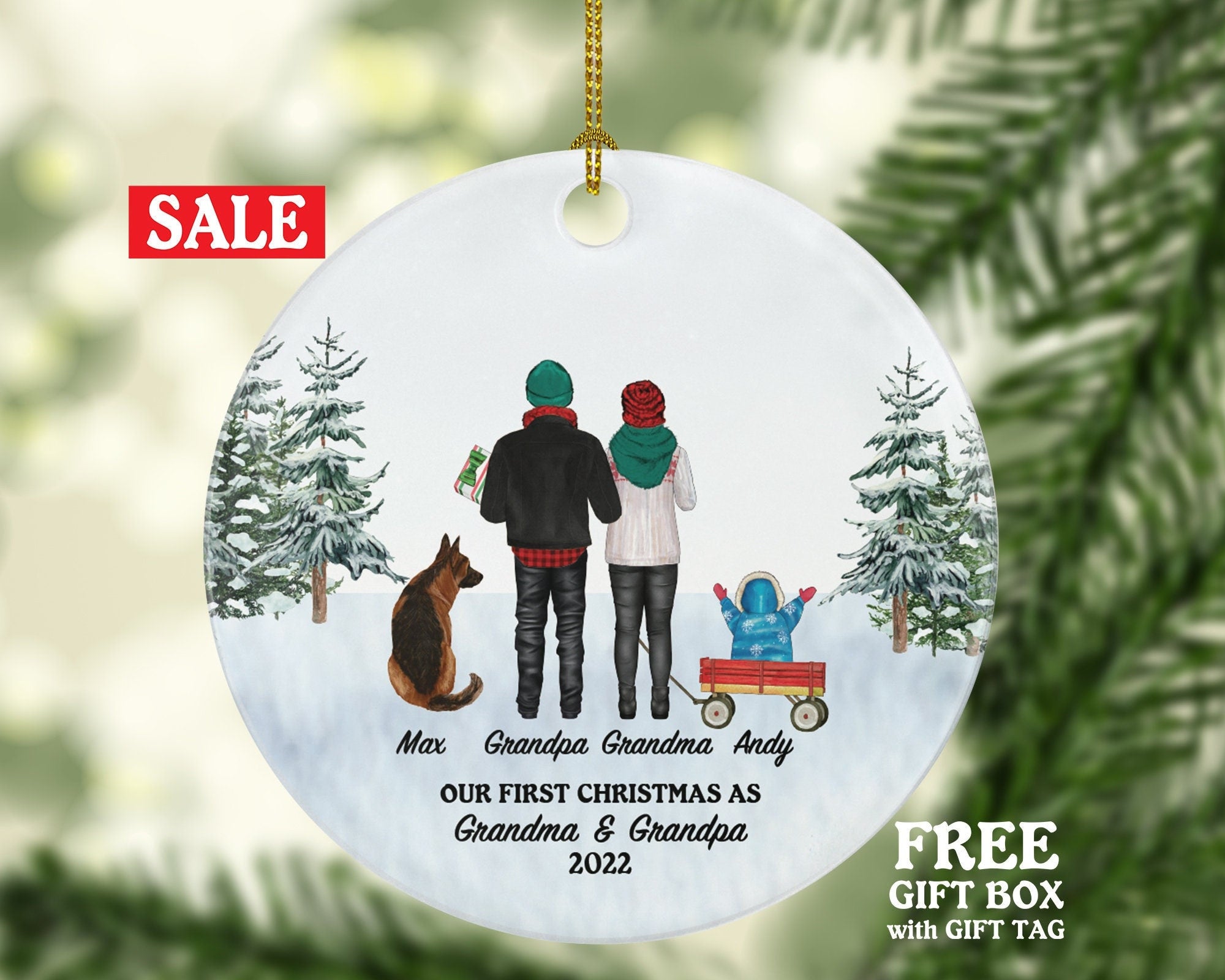 Grandma and Grandpa with Pet Dog Cat First Christmas Personalized Ornament Custom Grandparents Fur New Gift Lover Owner Holiday Rescue Breed
