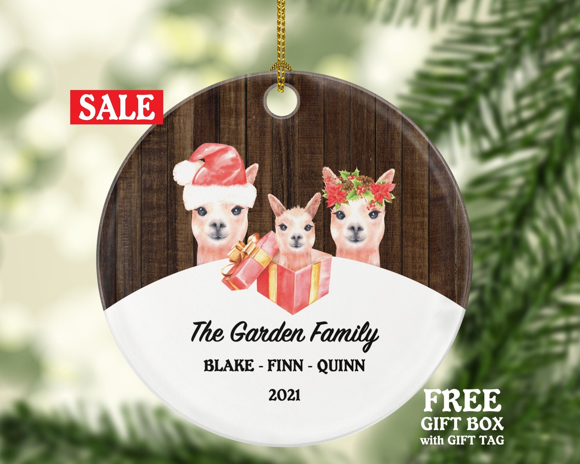 Family of 3 Personalized Ornament - First Christmas Llama Family New Baby Girl Boy Parents Mother Father Mom Dad Gift Kid Child