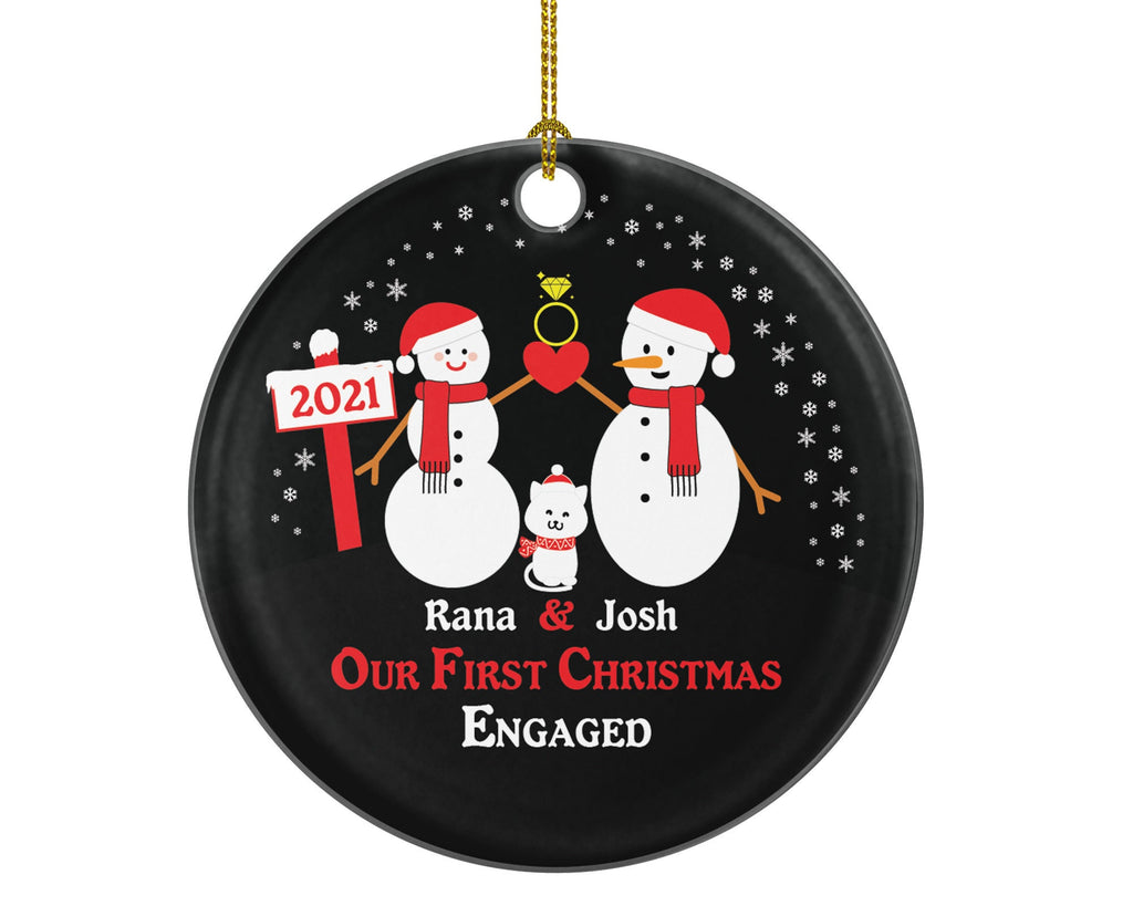 Personalized Engaged Ornament with Cat Pet Fur Family Dad Mom Owner Lover Engagement Ring Snowmen She Said Yes Couple Our First Christmas