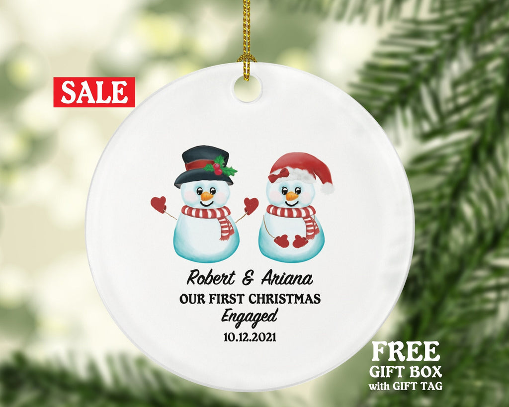 First Christmas Engaged Personalized Ornament - Engagement Announcement Couple Gift - Snowmen
