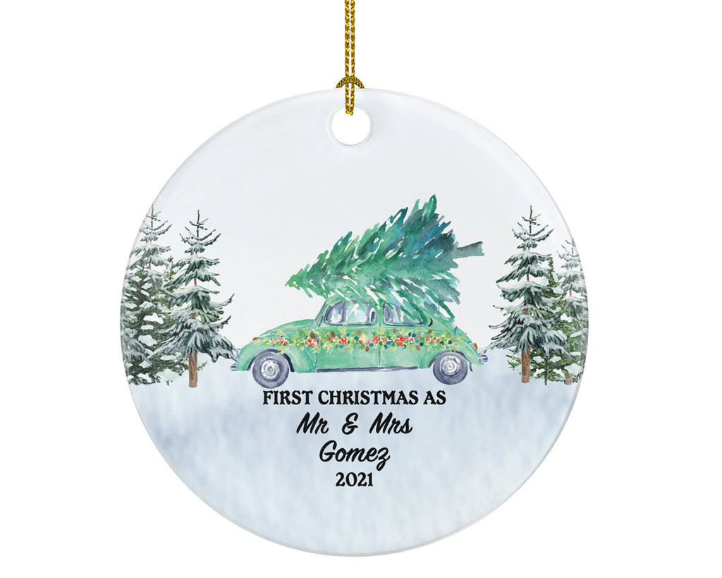 First Christmas As Mr & Mrs Newlywed Christmas Ornament - Personalized  Wedding First Married Gift for Wedding Vintage Green Car