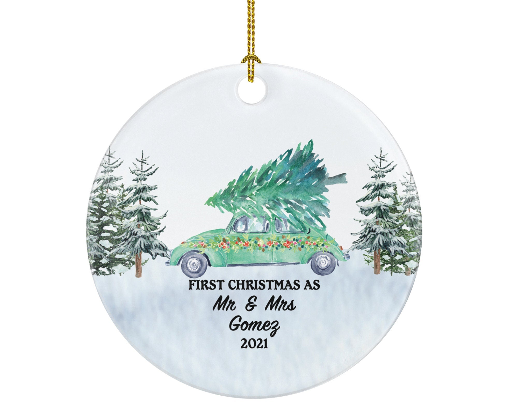 First Christmas As Mr & Mrs Newlywed Christmas Ornament - Personalized  Wedding First Married Gift for Wedding Vintage Green Car