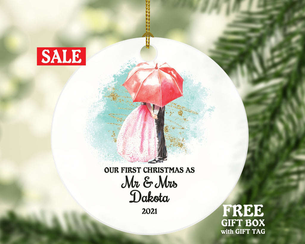 Our First Christmas as Mr & Mrs Couple Personalized Ornament - Newlywed Mr. and Mrs. Wedding Couple Love Umbrella Just Married Marriage Gift