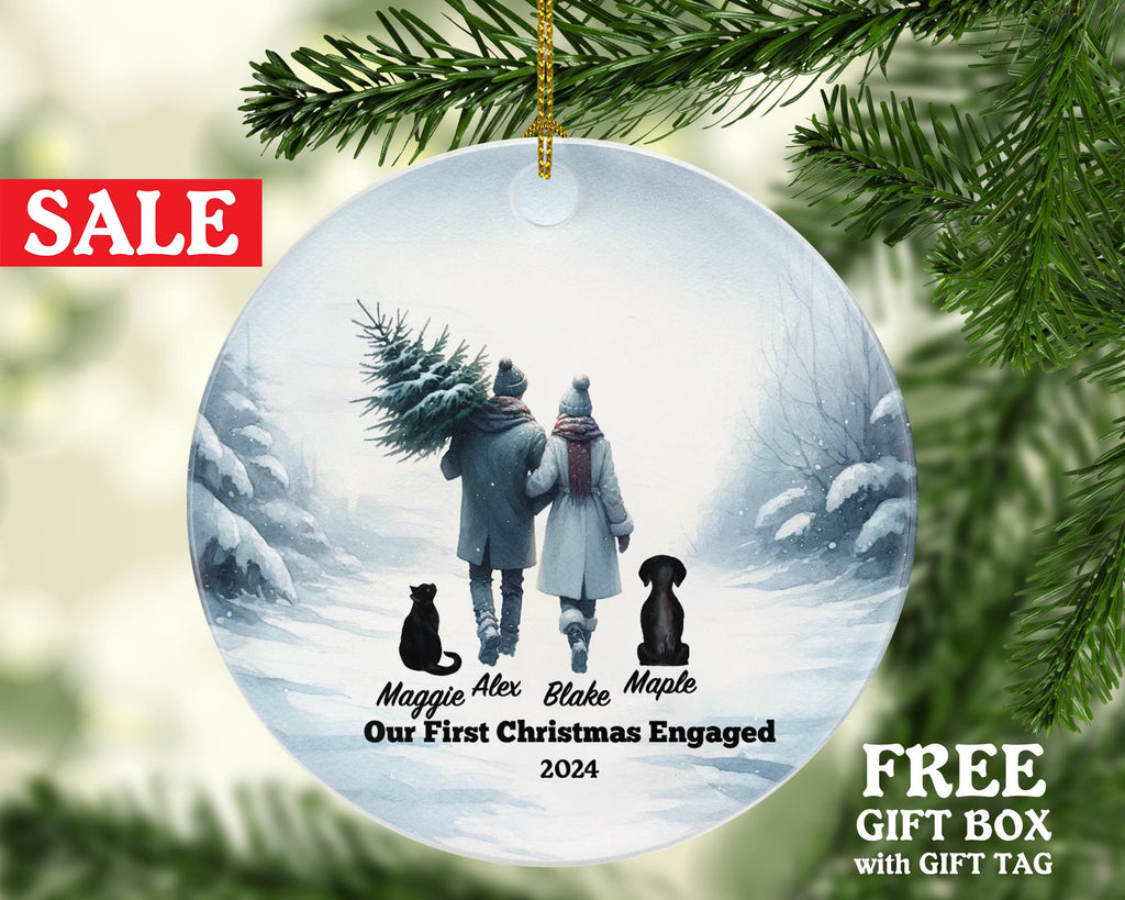 Engaged Couple Winter Pet Dog Cat Owner Personalized Christmas Ornament First Engagement Announcement Custom Lover Gift Fur Holiday Rescue