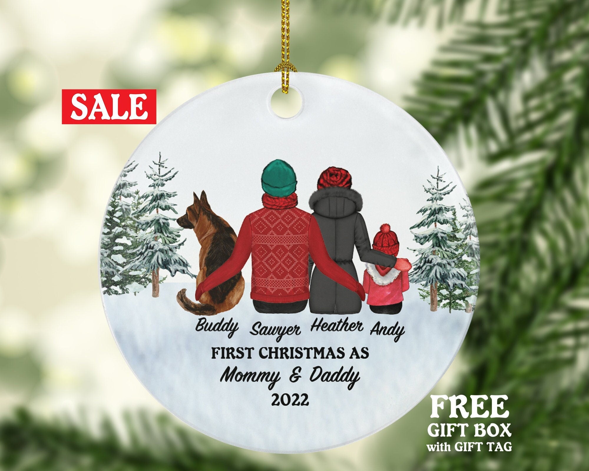 Baby Mommy Daddy and Dog Cat Pet Personalized Christmas Ornament Custom Family of 3 Fur New Mom Dad Newborn Gift Lover Owner Holiday