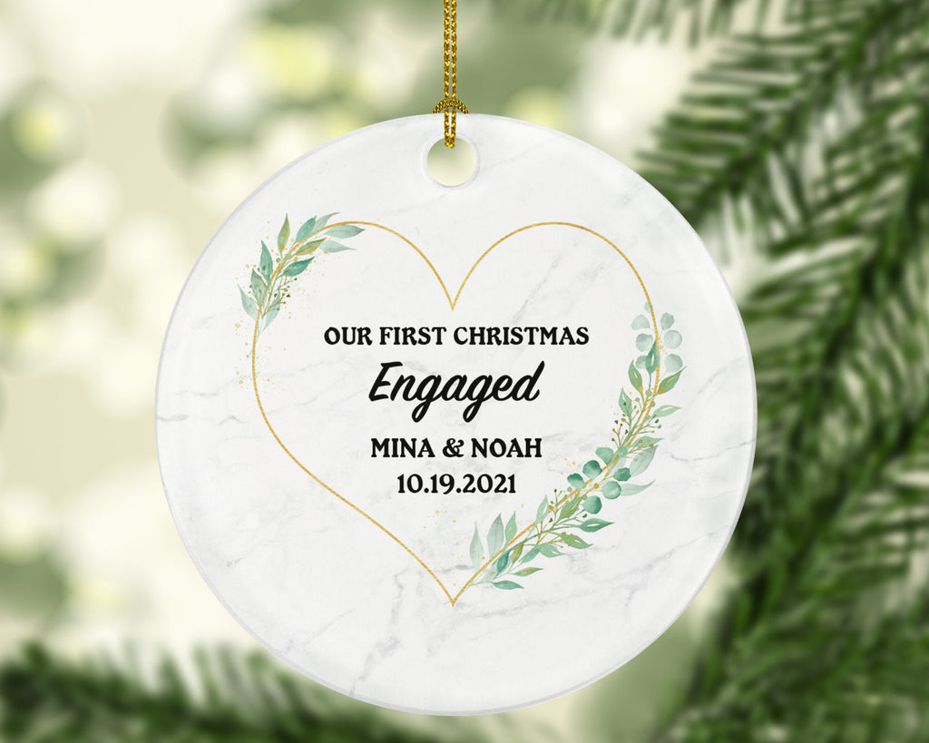 First Christmas Engaged Personalized Ornament - Engagement Announcement Couple Gift - Greenery Heart