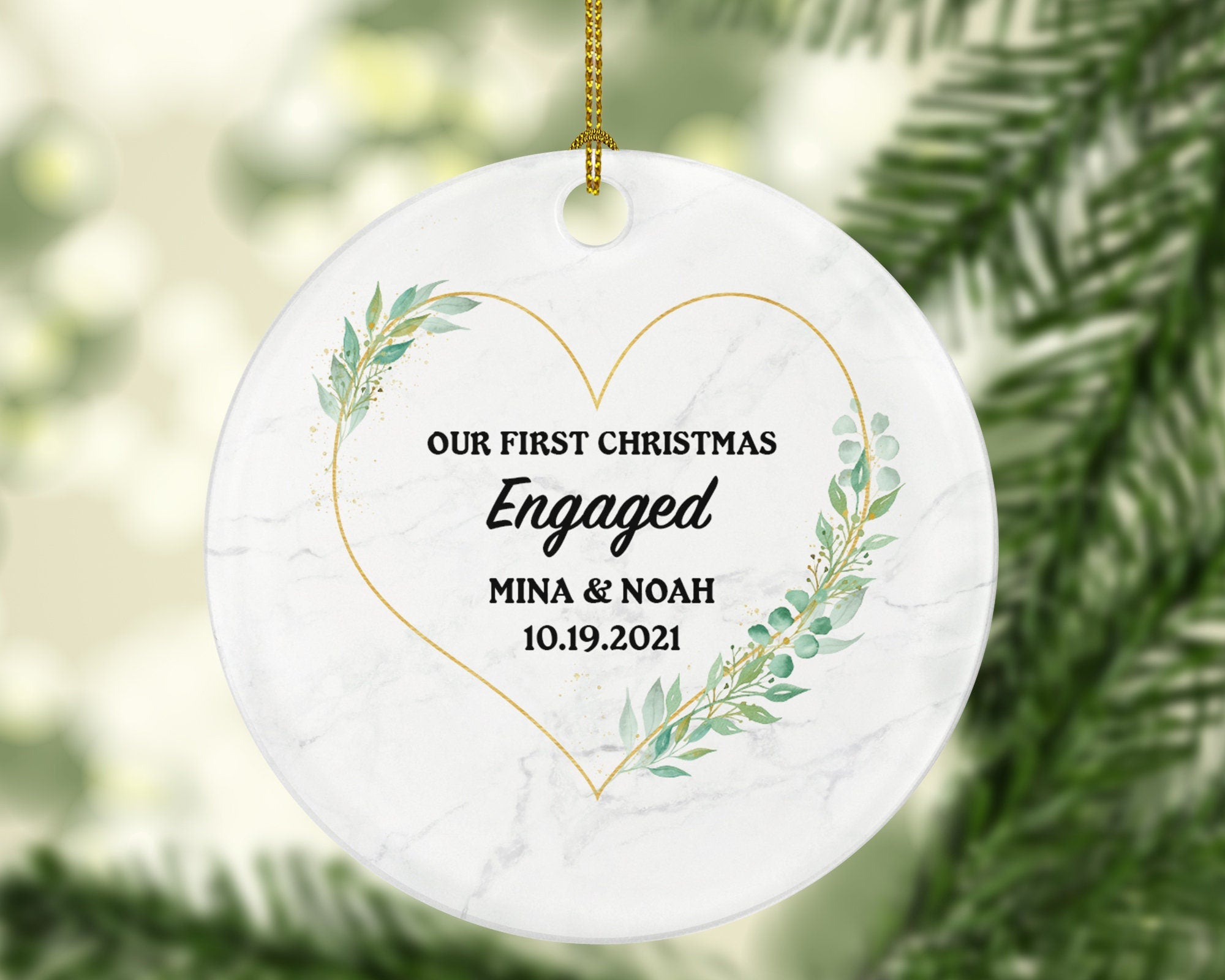 First Christmas Engaged Personalized Ornament - Engagement Announcement Couple Gift - Greenery Heart