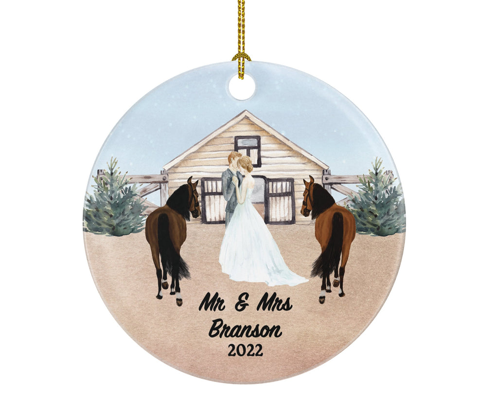 Married Couple with Horse Ranch Farm Wedding and Mr & Mrs Ornament Personalized Newlywed First Christmas as Mr. and Mrs. Wedding Custom Gift