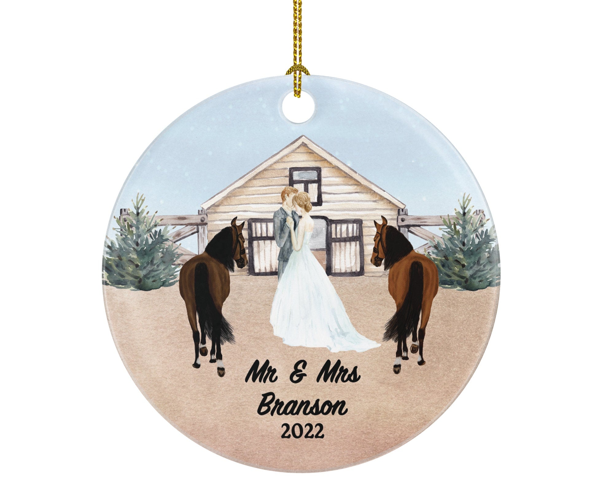 Married Couple with Horse Ranch Farm Wedding and Mr & Mrs Ornament Personalized Newlywed First Christmas as Mr. and Mrs. Wedding Custom Gift