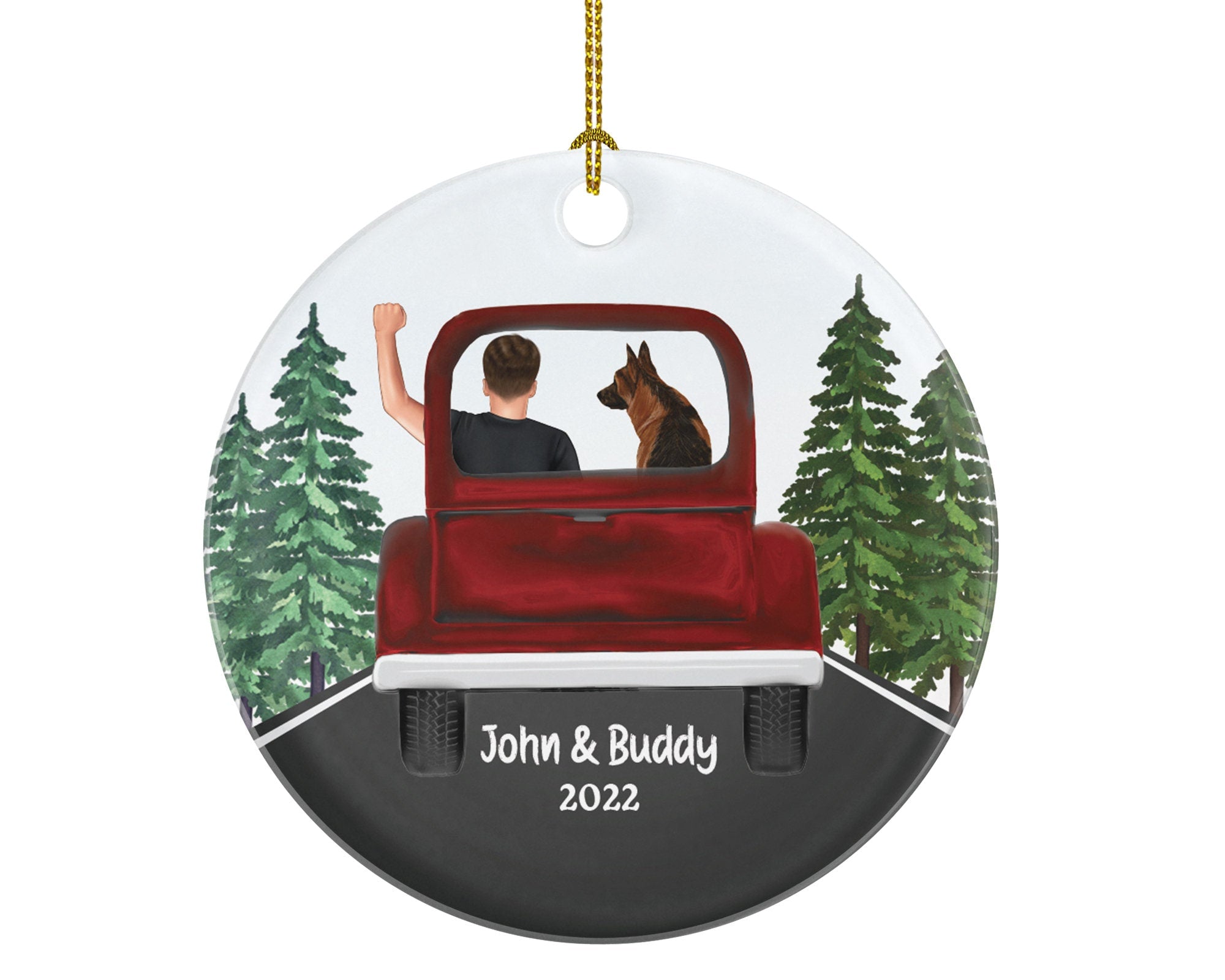 Boy Driver and Dog in a Truck Car Personalized Christmas Ornament New Fur Dad Driver Custom Pet Lover Owner Gift Holiday Rescue
