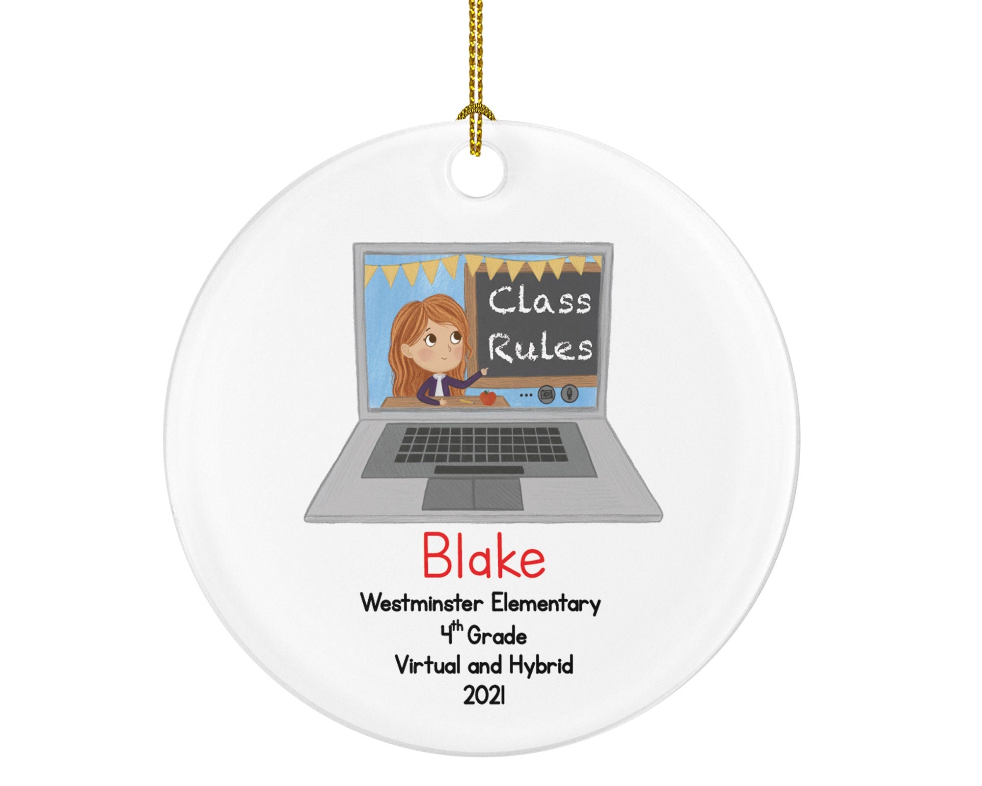 Distance Learning Virtual Class School Personalized Christmas Ornament - Survivor Pandemic Coronavirus Laptop Computer At Home