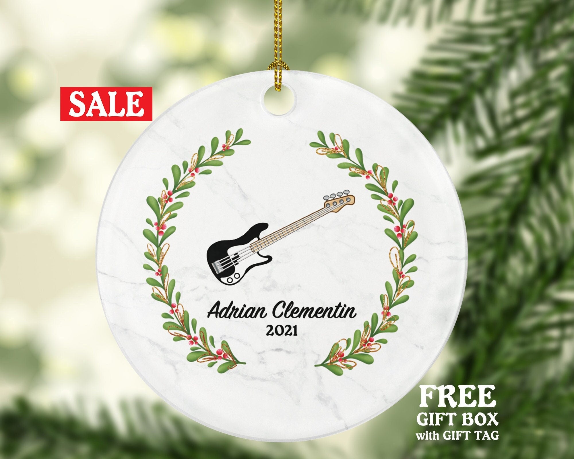 Electric Guitar Christmas Ornament Personalized - Musical Instrument Guitarist Playing Guitar Gift for Guitarist - Custom Name Year