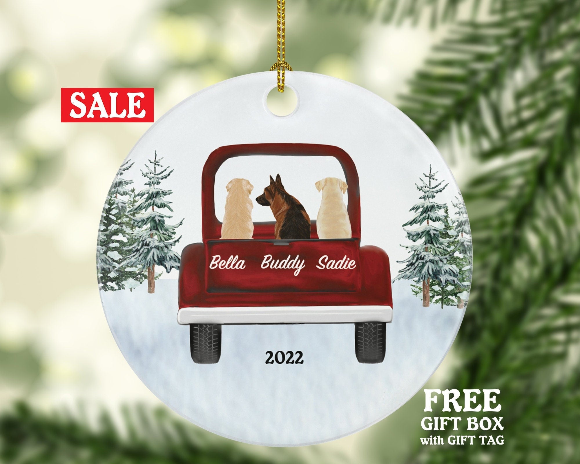 Dogs in Truck Personalized Christmas Ornament Custom Pet Lover Owner Gift Fur Holiday Ornament Rescue Breeds