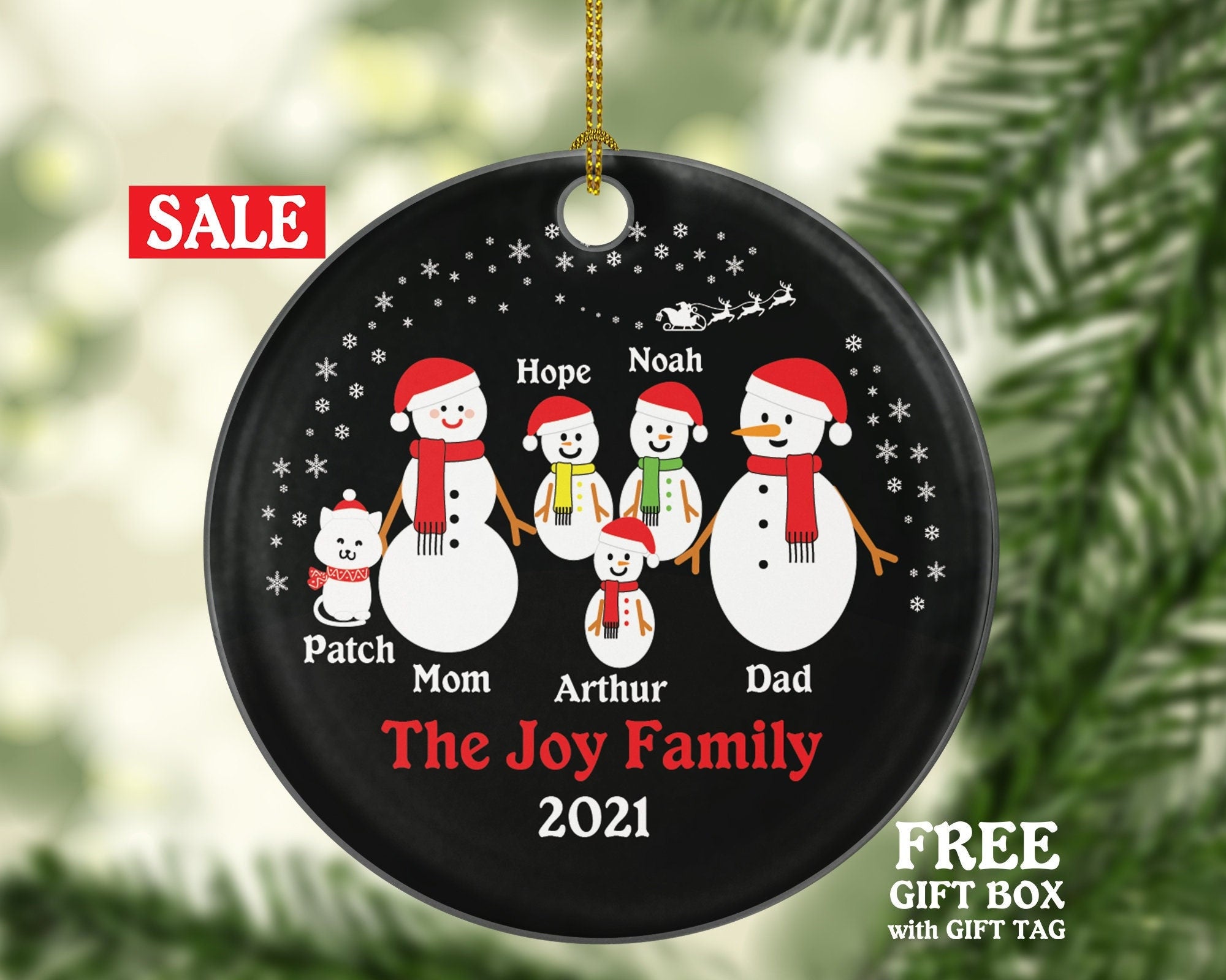 Personalized Christmas Ornament with Cat Pet Fur Family Owner Lover Snowmen Snowman Big Family of 5 Five Cat Mom Dad Kids Children Custom