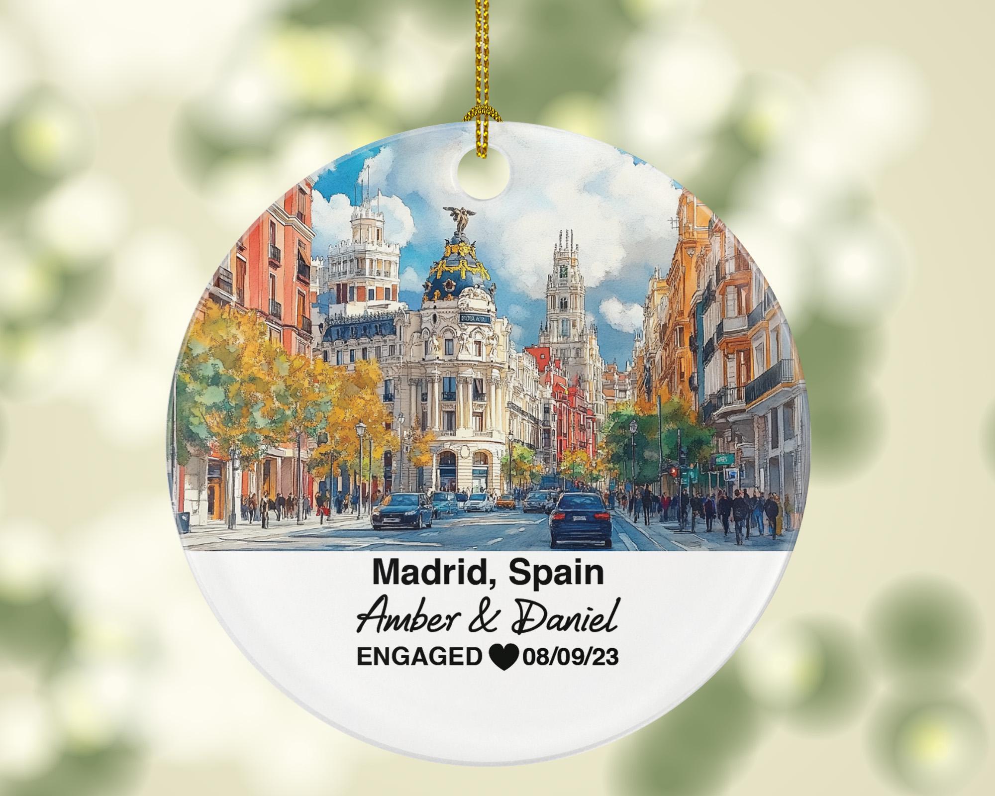 Madrid Spain Round Ceramic Christmas Ornament – Personalized Holiday Keepsake, Custom Couple Gift for Wedding or Honeymoon