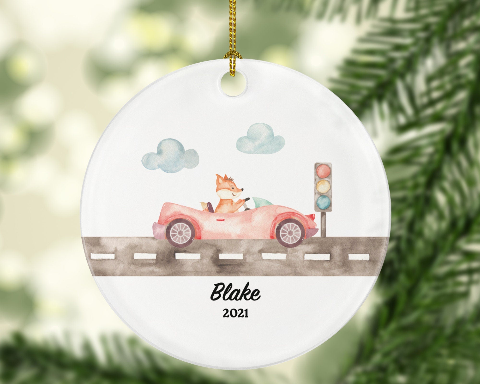 New Driver Christmas Ornament Personalized - Fox Driving Convertible Car License Owner Driver's License Plate Custom Gift For Teenage