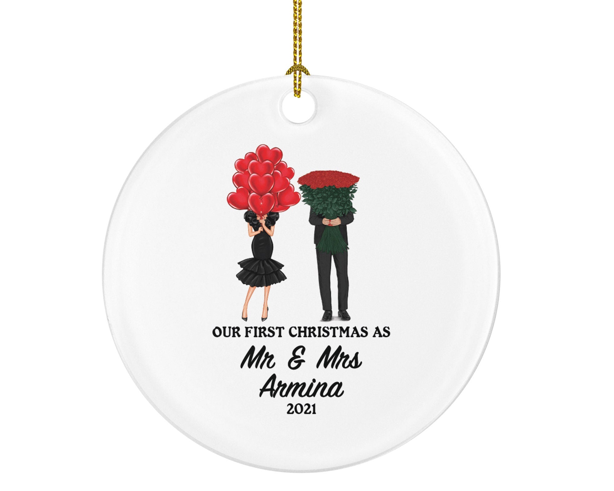 Our First Christmas as Mr & Mrs Married Couple Christmas Ornament Personalized - Newlywed Mr. and Mrs. Gift, Roses and Heart Balloons Couple