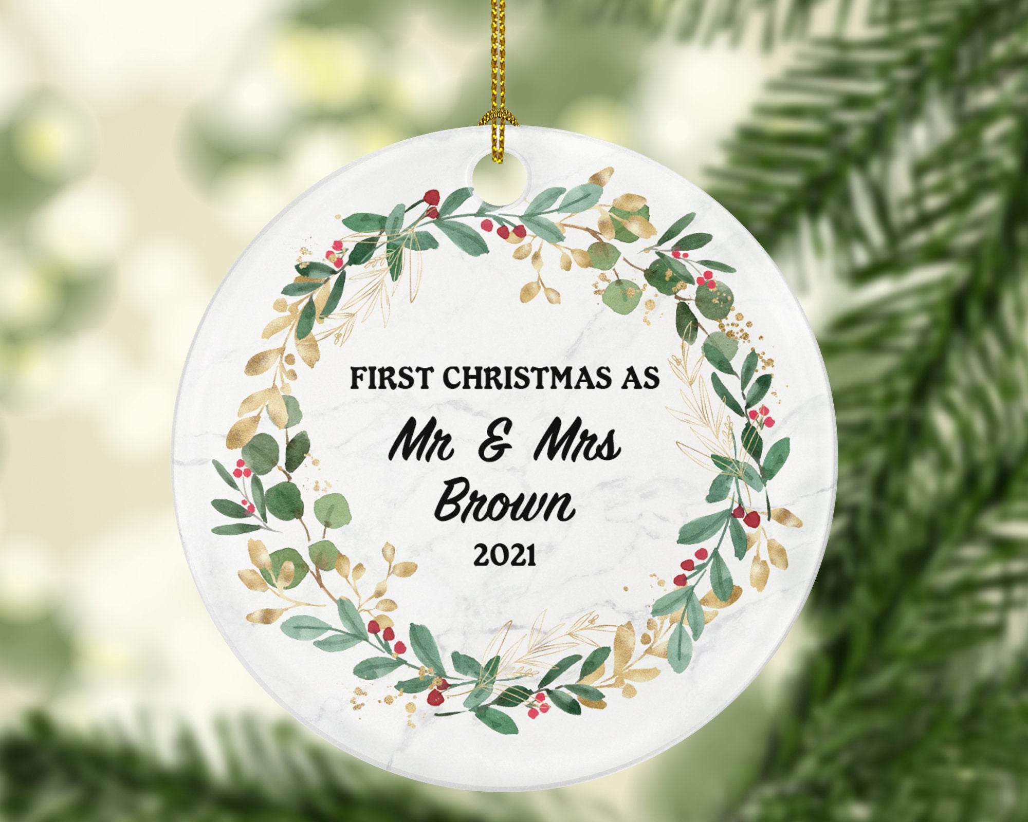 First Christmas as Mr & Mrs Married Couple Christmas Ornament Personalized - Newlywed Christmas First Custom Gift - Greenery