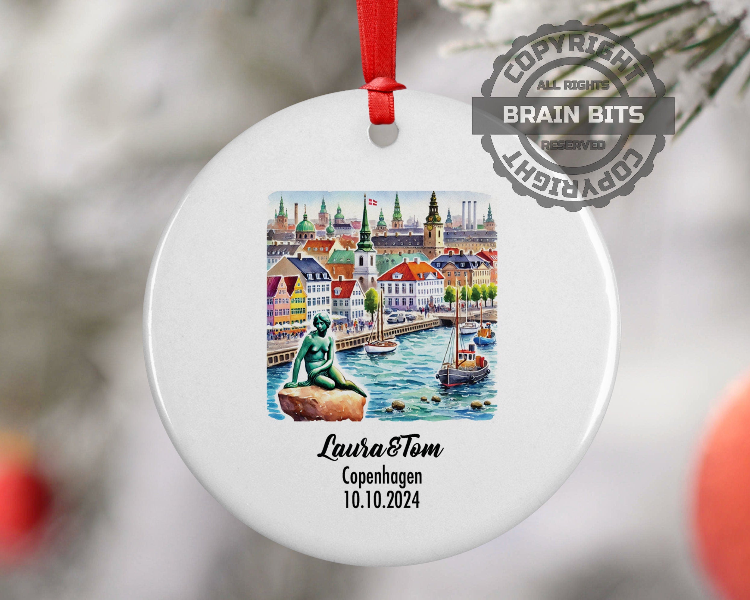 Copenhagen, Denmark, Ornament, Engagement, Married, Travel, Gift for Engaged Couple, Engagement Gift, Trip, Vacation Souvenir