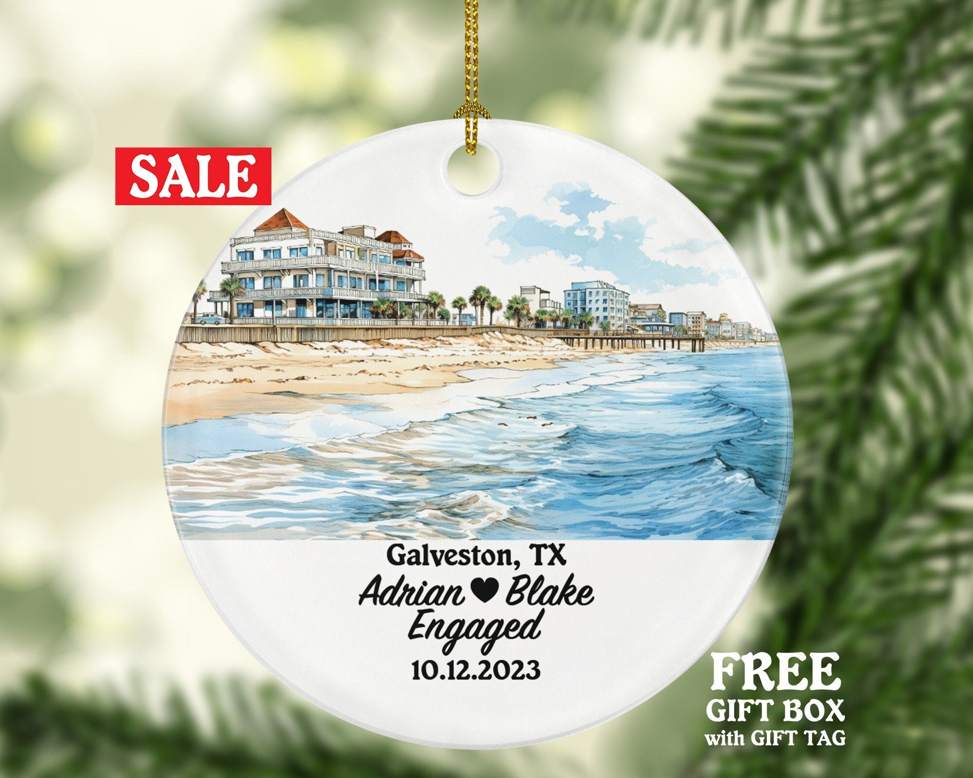 Galveston Texas Christmas Ornament Personalized - TX Engaged Married Family Together Couple Travel Honeymoon Wedding Engagement Marriage