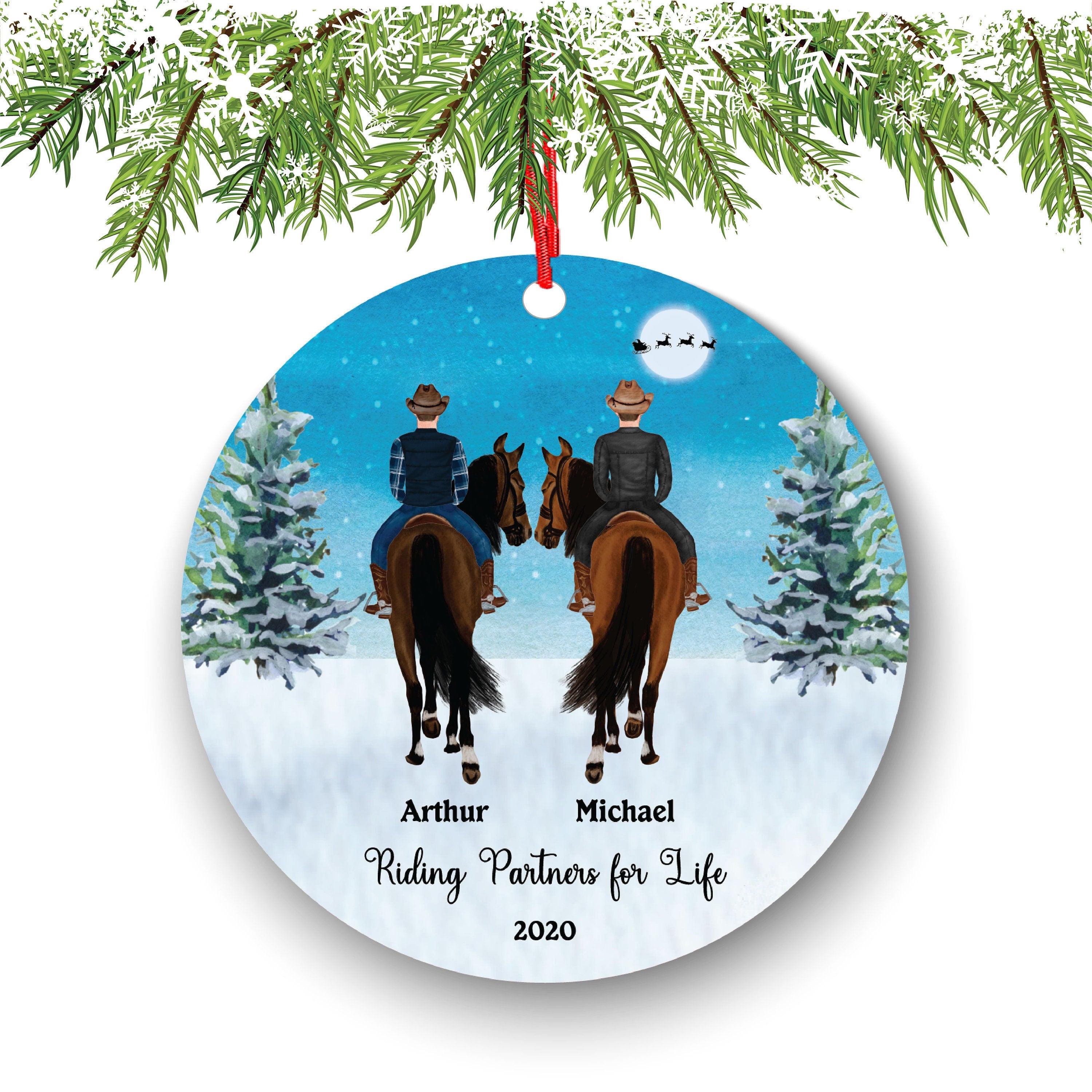Personalized Male Boy Friends Riding Horse Rider Christmas Ornament Partners a horse Gift on the Horse Watercolor Portrait Buddies Brothers