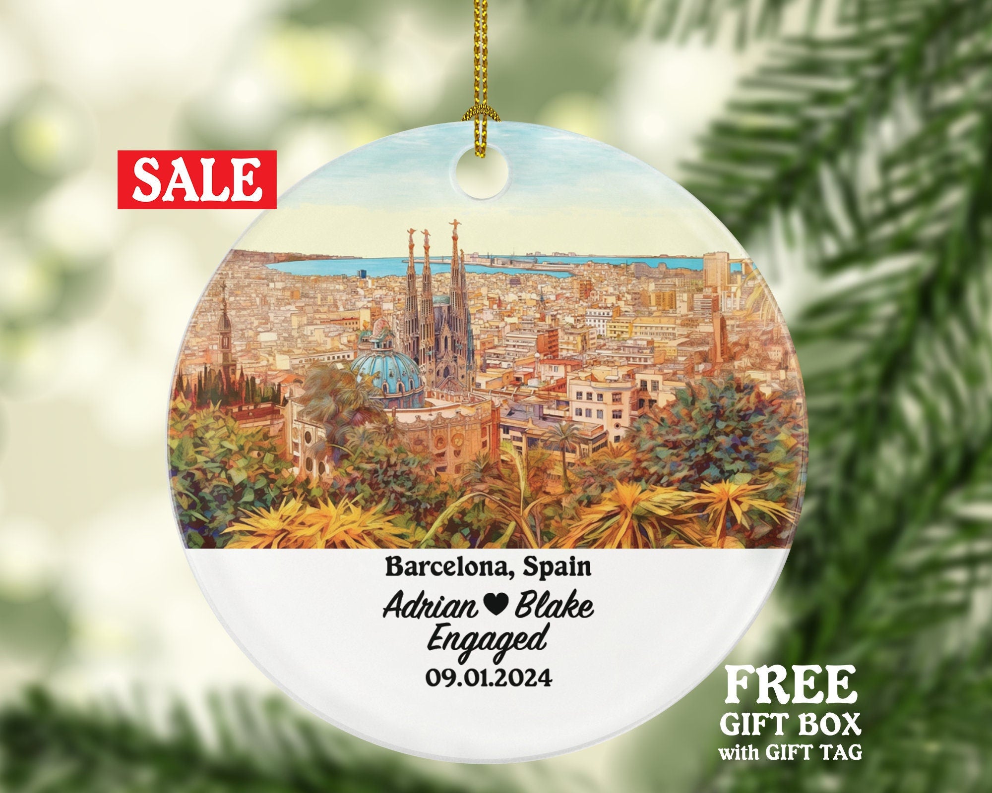 Barcelona Christmas Ornament Personalized - Spain Engaged Married Family Together Couple Travel Honeymoon Engagement Marriage