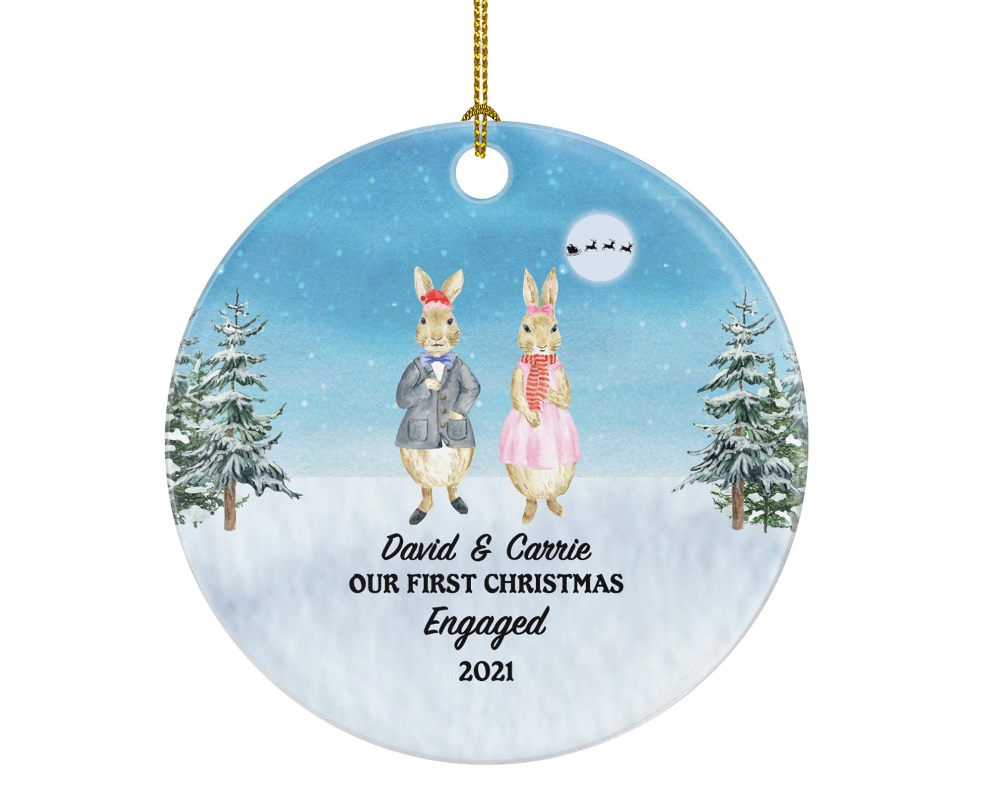 First Christmas Engaged Custom Ornament - Personalized Engagement Announcement Rabbit Couple Gift - Custom Date Name - Future Husband Wife
