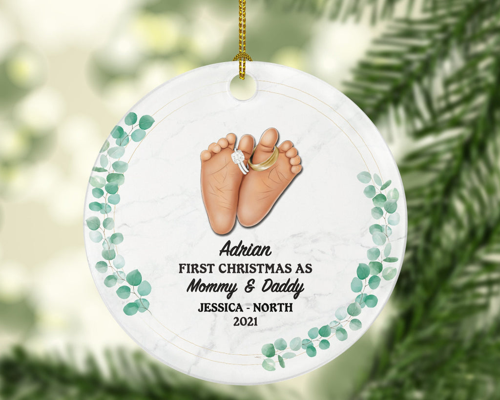 First Christmas as Mommy and Daddy Ornament - New Baby Girl Boy Parents Mother Father Mom Dad Our Family Gift Infant Feet with Rings