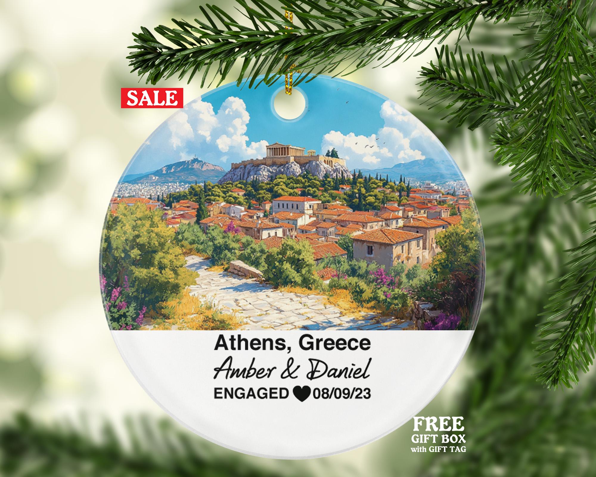 Athens Greece Round Ceramic Christmas Ornament – Personalized Holiday Keepsake, Custom Couple Gift for Wedding or Honeymoon