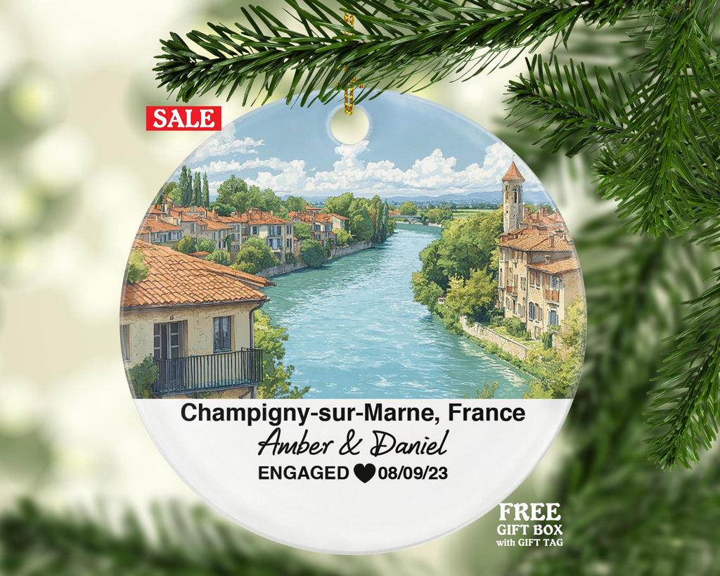 Personalized Champigny-sur-Marne France Christmas Ornament, Marne River, Mr & Mrs Wedding, Engagement, or Honeymoon Keepsake for Couples