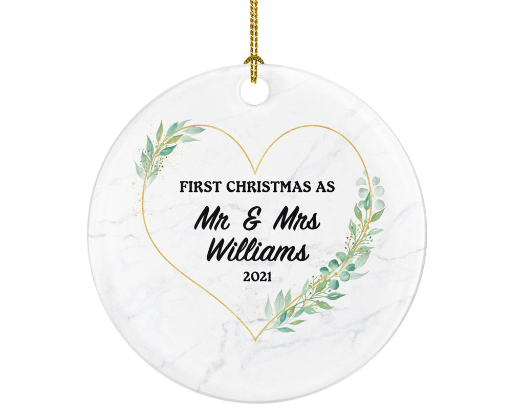 First Christmas as Mr & Mrs Married Couple Christmas Ornament Personalized - Newlywed Christmas First Custom Gift - Greenery Heart