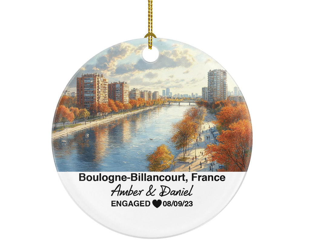 Personalized Boulogne-Billancourt France Christmas Ornament, Seine River, Mr & Mrs Wedding, Engagement, or Honeymoon Keepsake for Couples