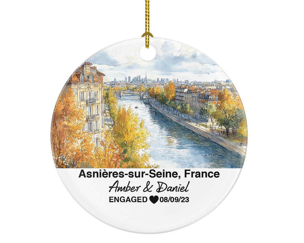Personalized Asnieres-sur-Seine France Christmas Ornament, Seine River, Mr & Mrs Wedding, Engagement, or Honeymoon Keepsake for Couples