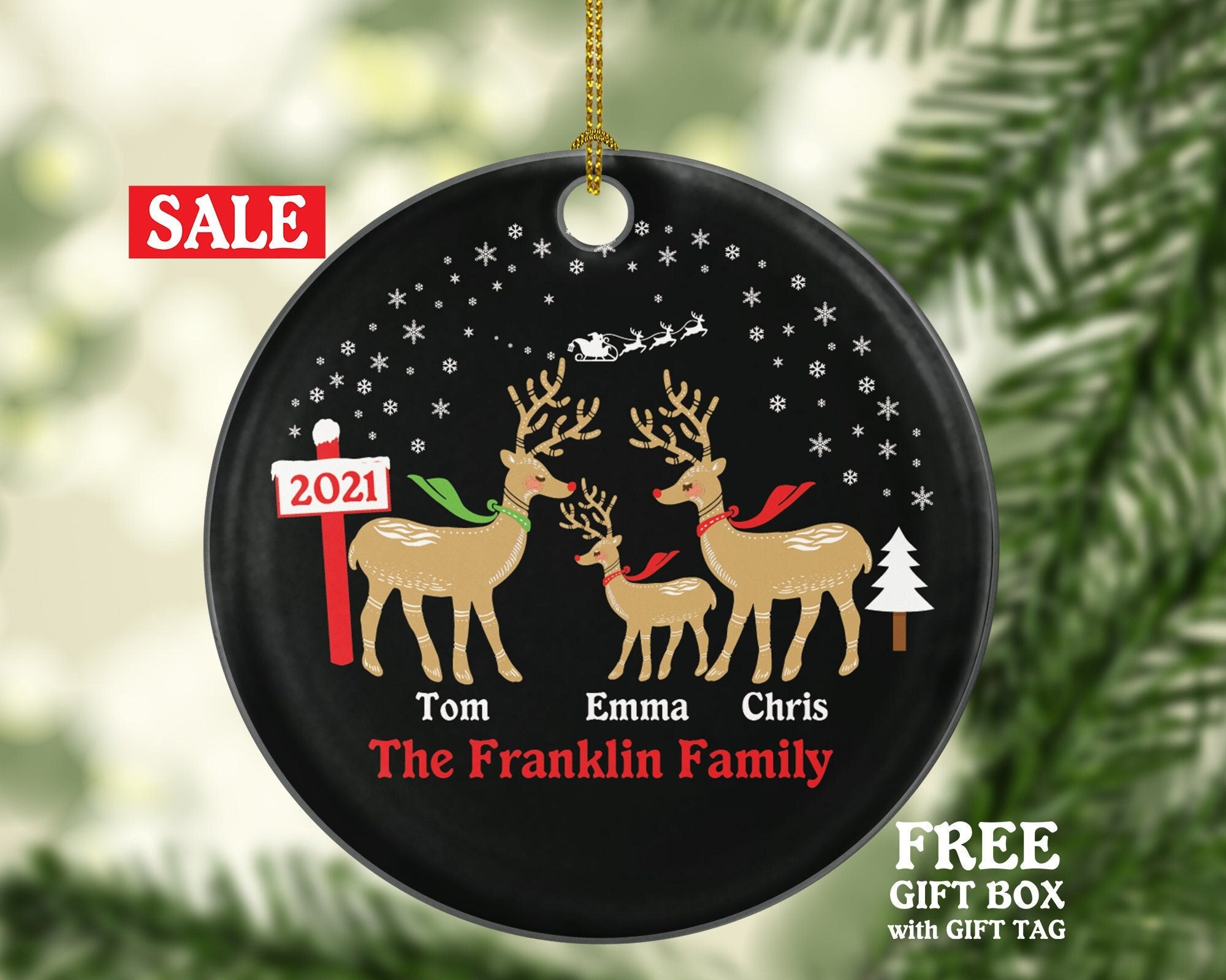 Family of 3 Ornament Personalized Christmas Three Xmas Reindeer Deer Mother Father New Baby Girl Boy Children Kids Wife Husband Name