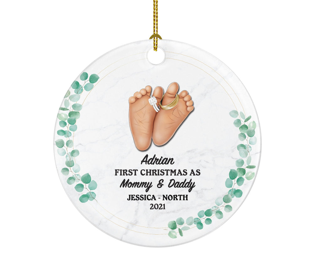 First Christmas as Mommy and Daddy Ornament - New Baby Girl Boy Parents Mother Father Mom Dad Our Family Gift Infant Feet with Rings
