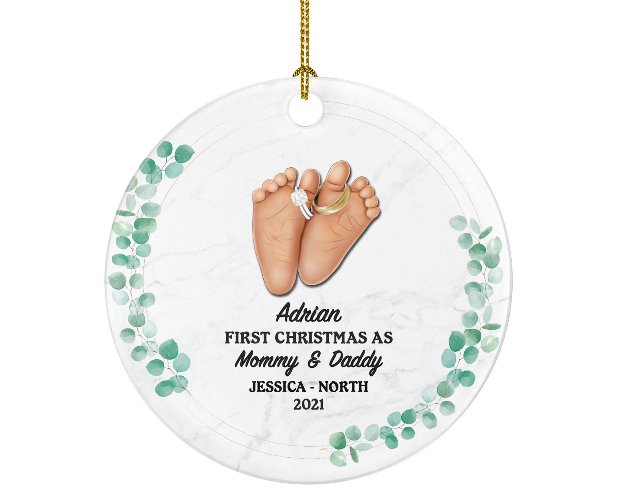 First Christmas as Mommy and Daddy Ornament - New Baby Girl Boy Parents Mother Father Mom Dad Our Family Gift Infant Feet with Rings