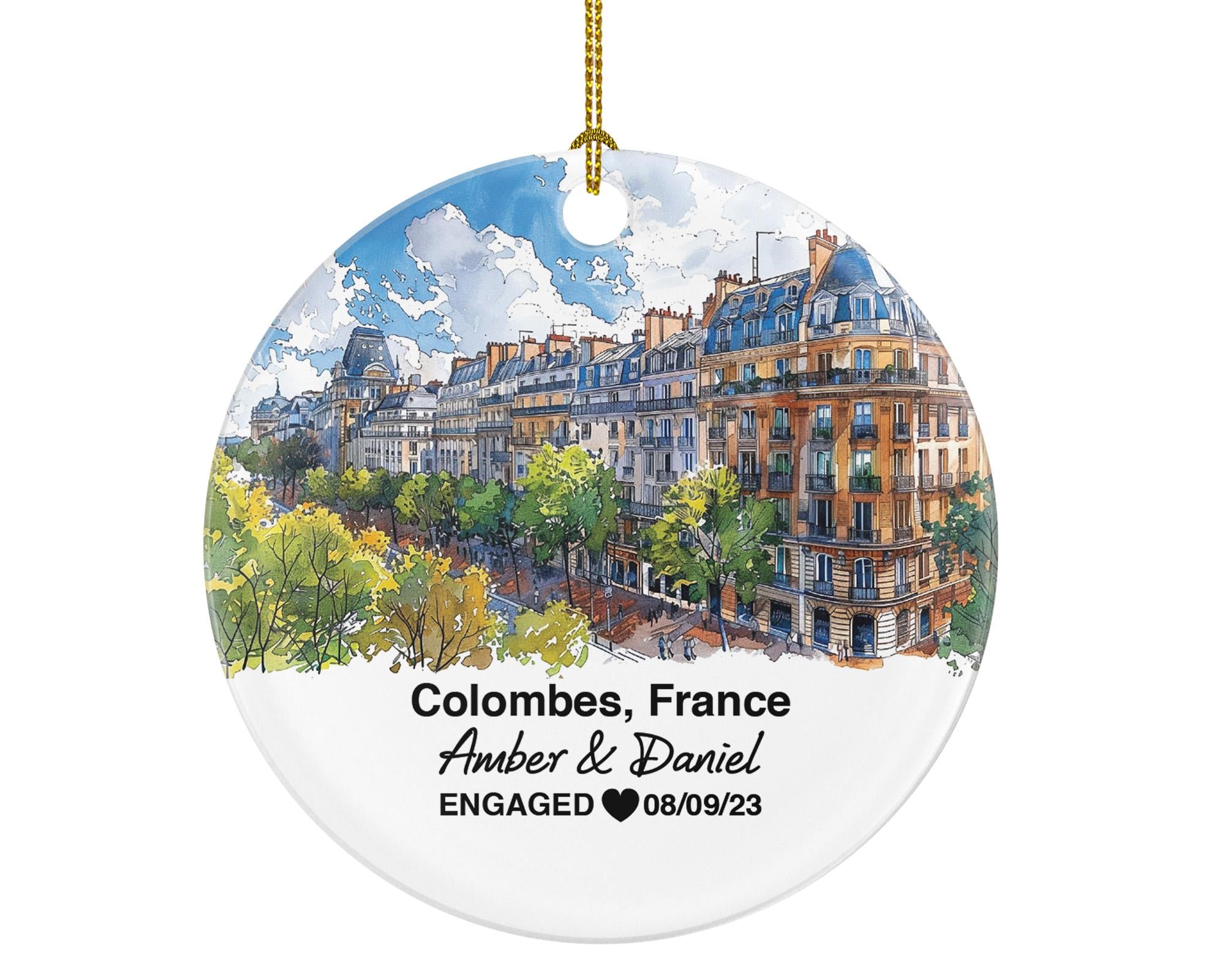 Personalized Colombes France Christmas Ornament, Charming Streets, Markets, Mr & Mrs Wedding, Engagement, or Honeymoon Keepsake for Couples
