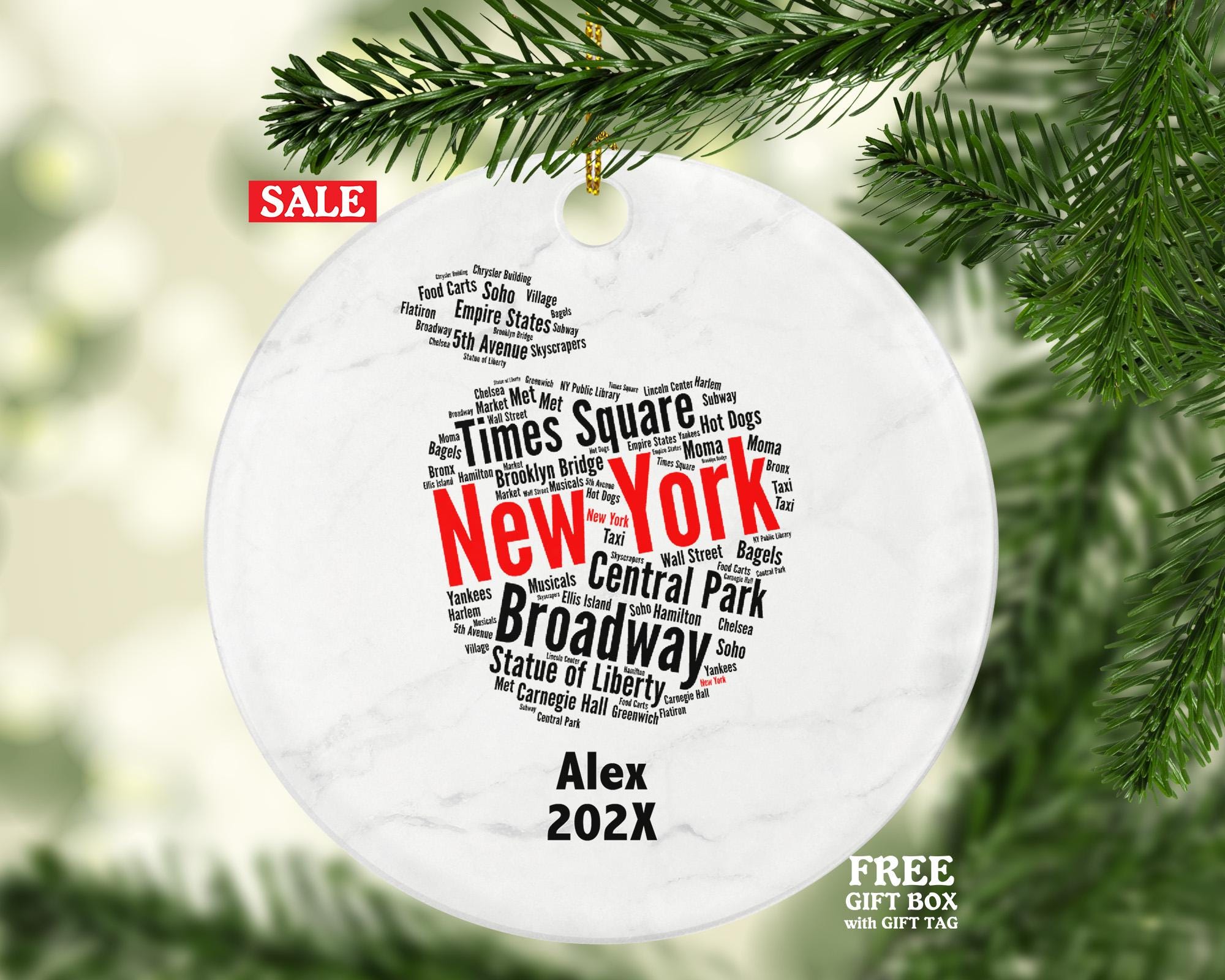 Personalized New York City Christmas Ornament – Custom Travel Keepsake – NYC Souvenir Gift – Times Square Broadway Holiday Ornament