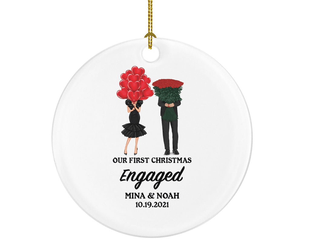 Our First Christmas Engaged Personalized Ornament - Engagement Announcement Couple Gift - Roses and Hearts