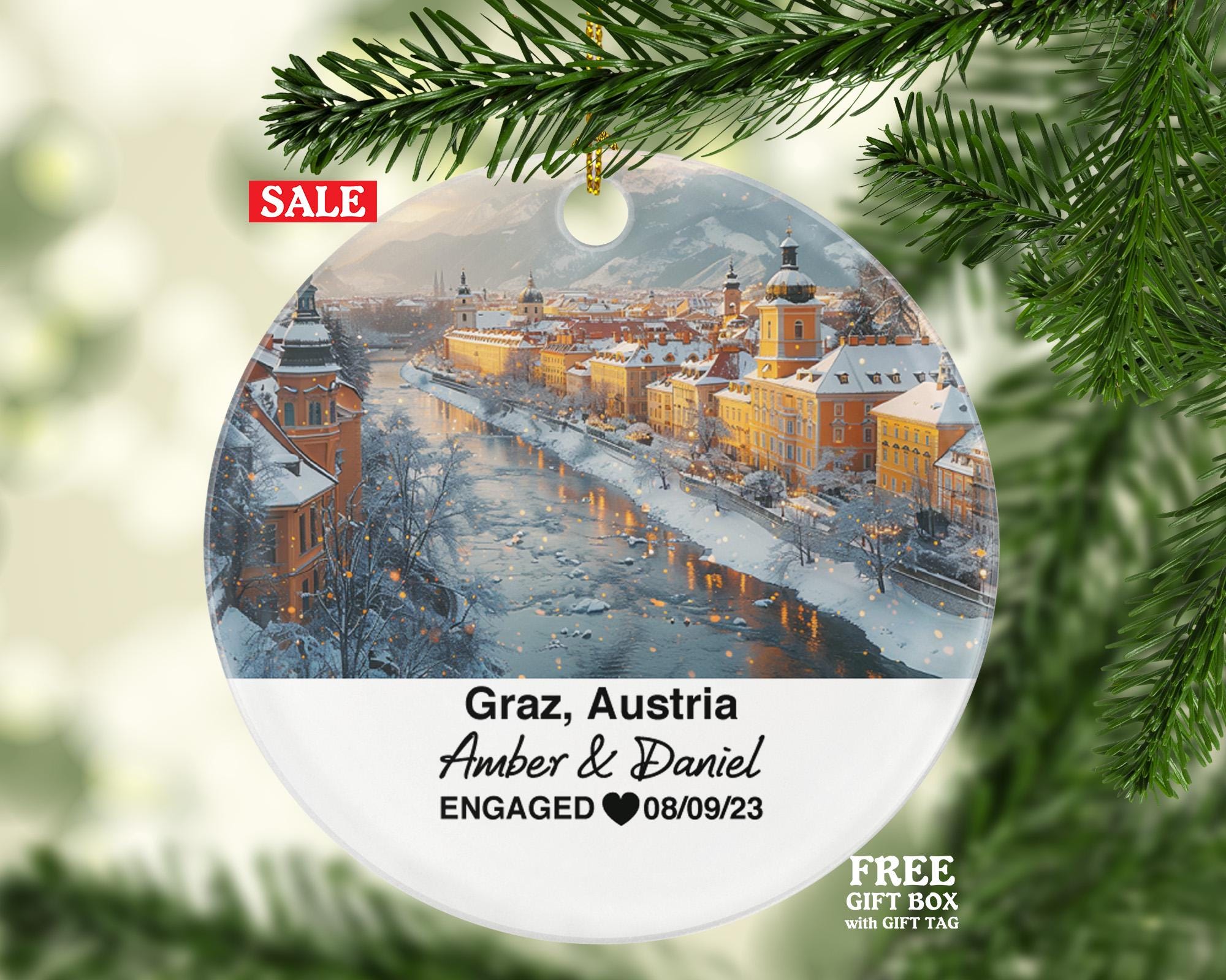 Custom Austria Graz Ornament – Personalized Schlossberg Hill, Murinsel Keepsake, Couple Gift for Wedding or Honeymoon